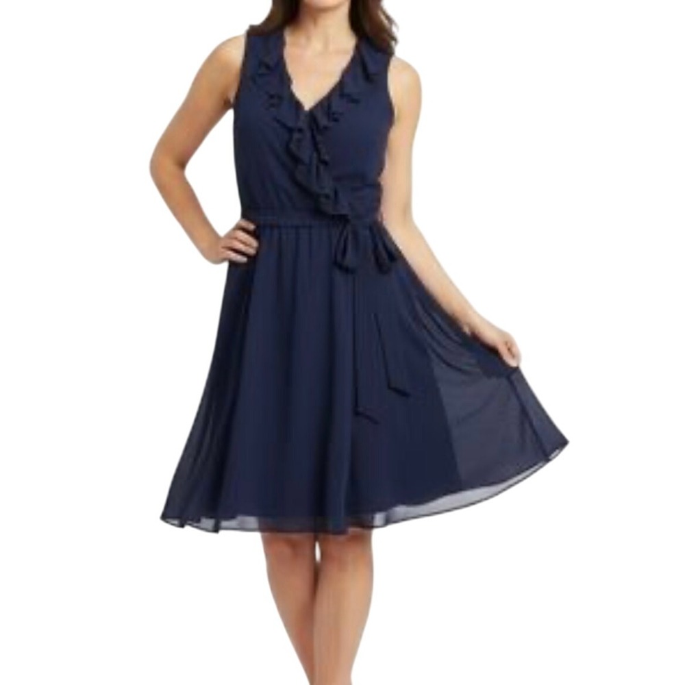 Lauren Ralph Lauren Navy Ruffle Trim, Sleeveless, Fit & Flare Wrap Dress, Size 6